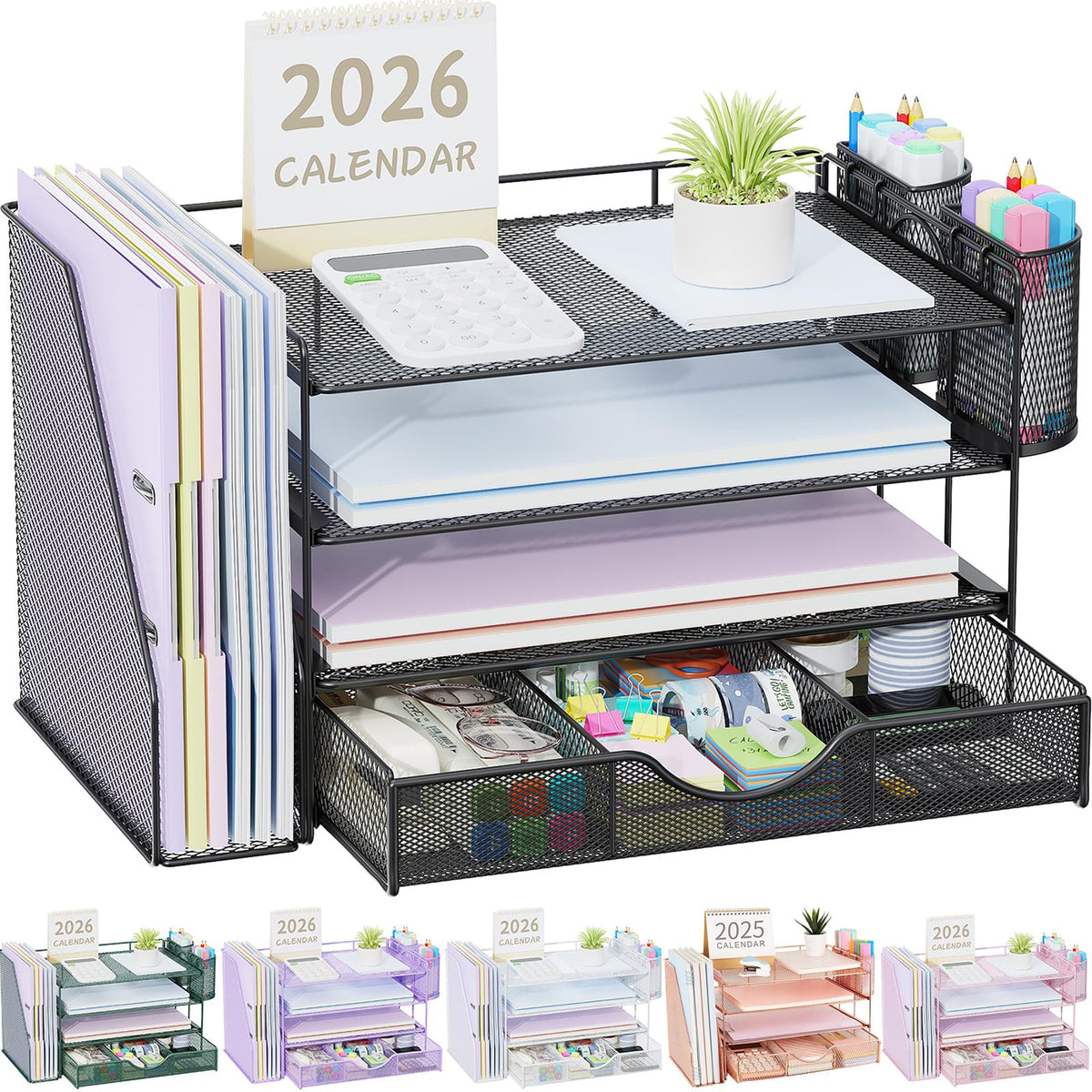 gianotter Desk Organizers and Accessories with File Holder, 4-Tier Desk Accessories & Workspace Organizers with Drawer and 2 Pen Holder, Paper Organizer for Office Supplies (Blue)
