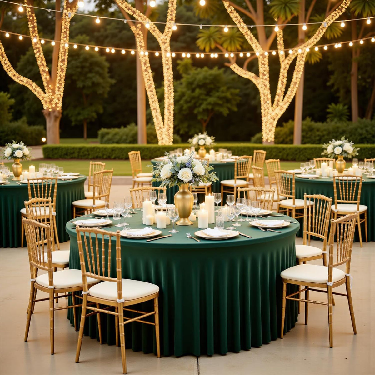 60 Inch Dark Green Round Tablecloth - Stretch Spandex Fitted Table Cover with Elastic Skirt Edge, Wrinkle-Free & Reusable for 5FT Tables Wedding Banquet Party Birthday Buffet