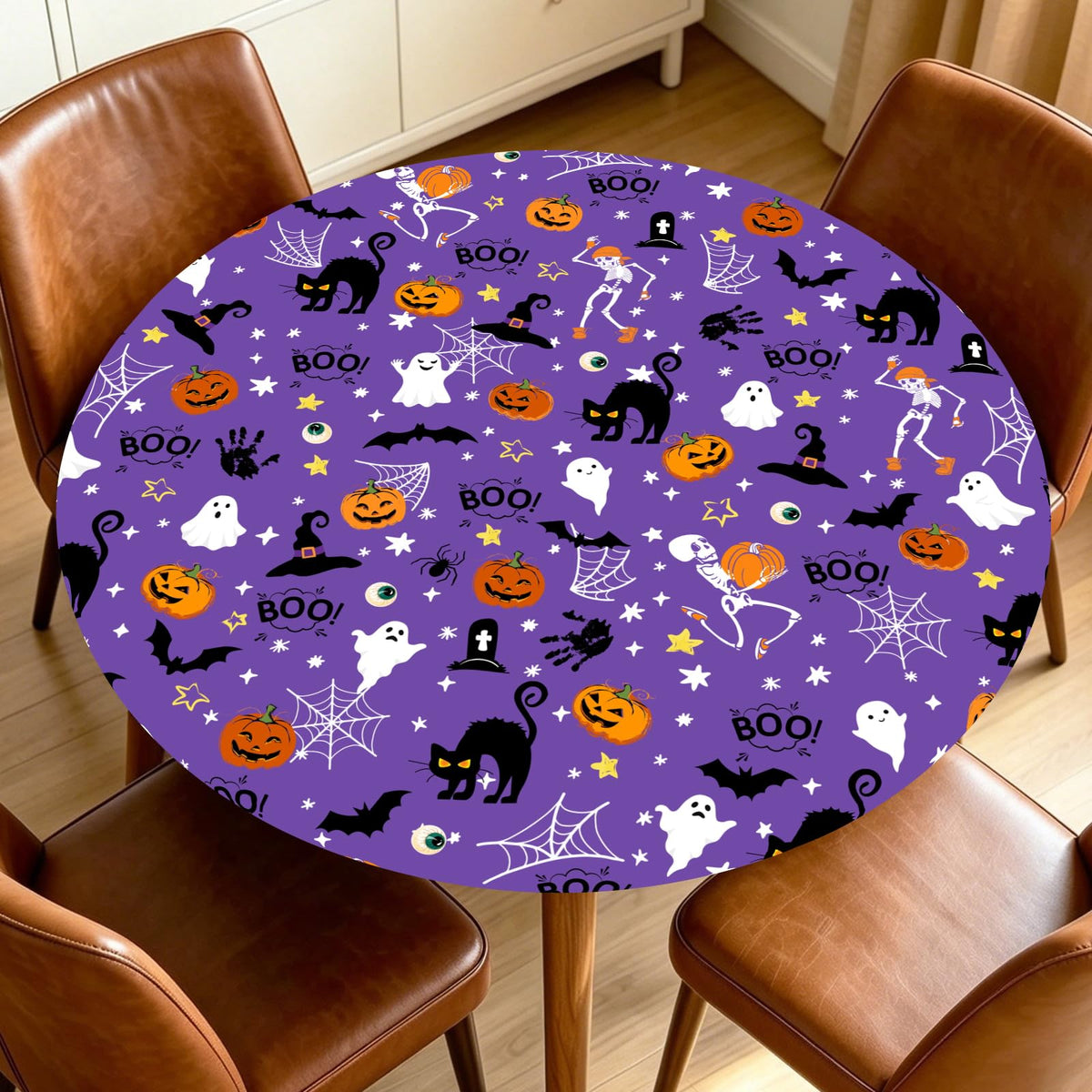 Fall Round Fitted Tablecloth with Elastic Edge Orange Blue White Thanksgiving Pumpkin Table Cover 40-44 Inch Autumn Leaf Washable Table Cloth for Kitchen Dining Room Party Decor