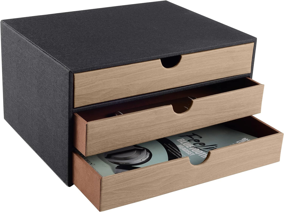 Fashion Multicolor Collocation Leather Desk Organizer File Cabinet Executive Office Supplies Desktop Filing A4 Contract Document Stackable Storage Box with 3 Drawers (Black)