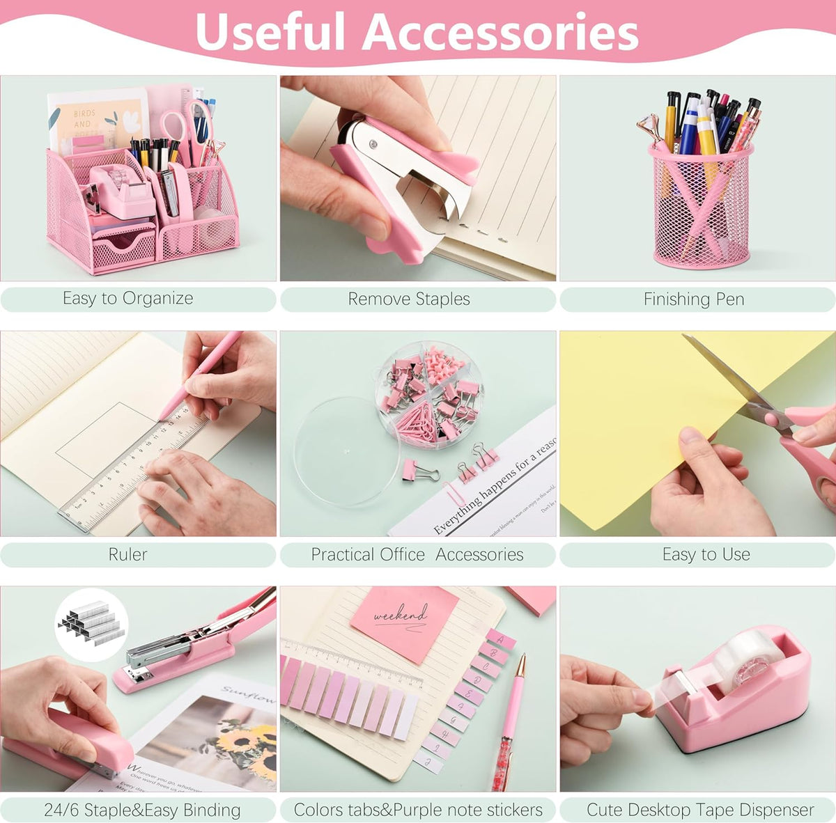Fayoo 11 Pcs Pink Office Supplies Set Mesh Desk Organizer Accessories Kit