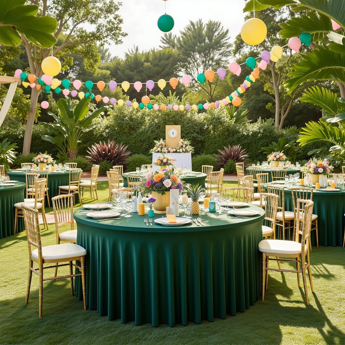 60 Inch Dark Green Round Tablecloth - Stretch Spandex Fitted Table Cover with Elastic Skirt Edge, Wrinkle-Free & Reusable for 5FT Tables Wedding Banquet Party Birthday Buffet