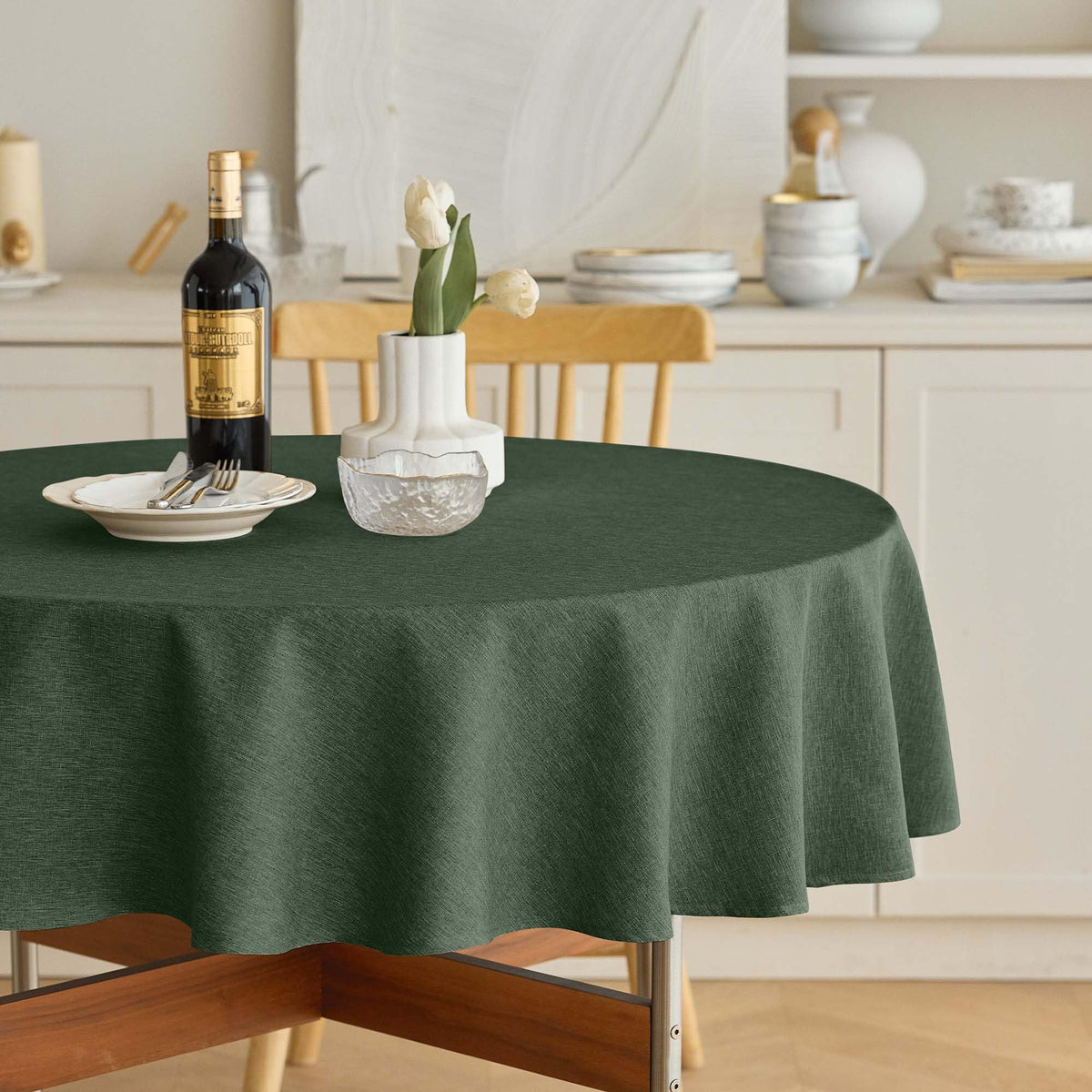 Decorelia Waterproof Round Tablecloth for Round Dining Table, Decorative Rustic Soft Wipeable Table Cloths Cover Indoor Outdoor Use for Holiday,Wedding, Kitchen (70 Inch,Round (4-6 Seats),Beige)