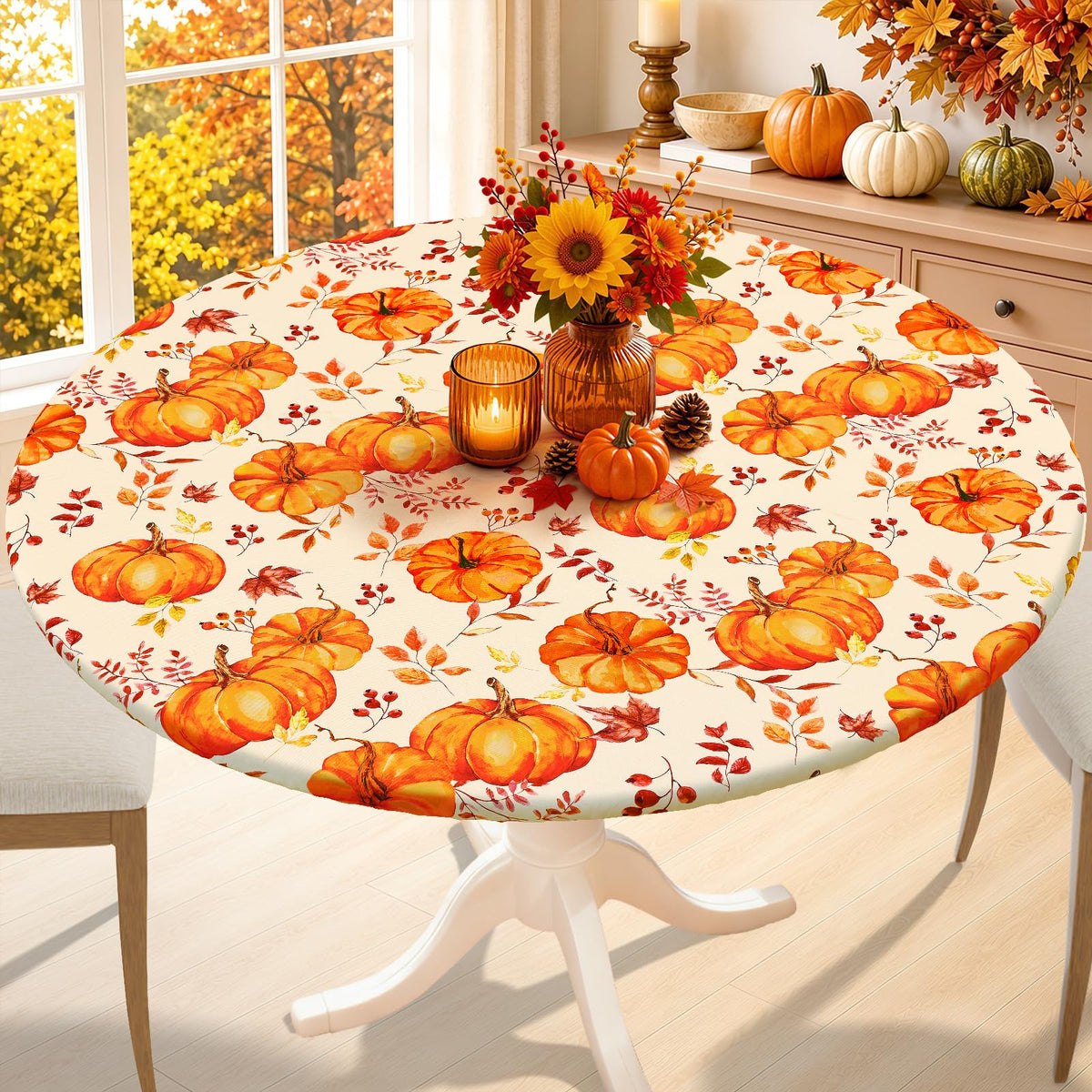 Smiry Thanksgiving Round Spandex Tablecloth, Fitted Cover for 36"-44" Table