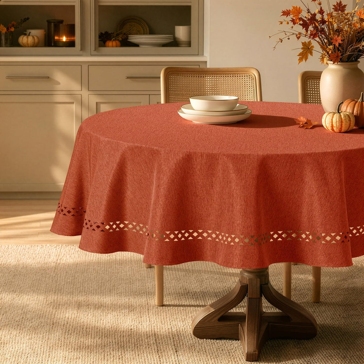 MIULEE Beige 60 Inch Round Linen Tablecloth with Decorative Cutouts