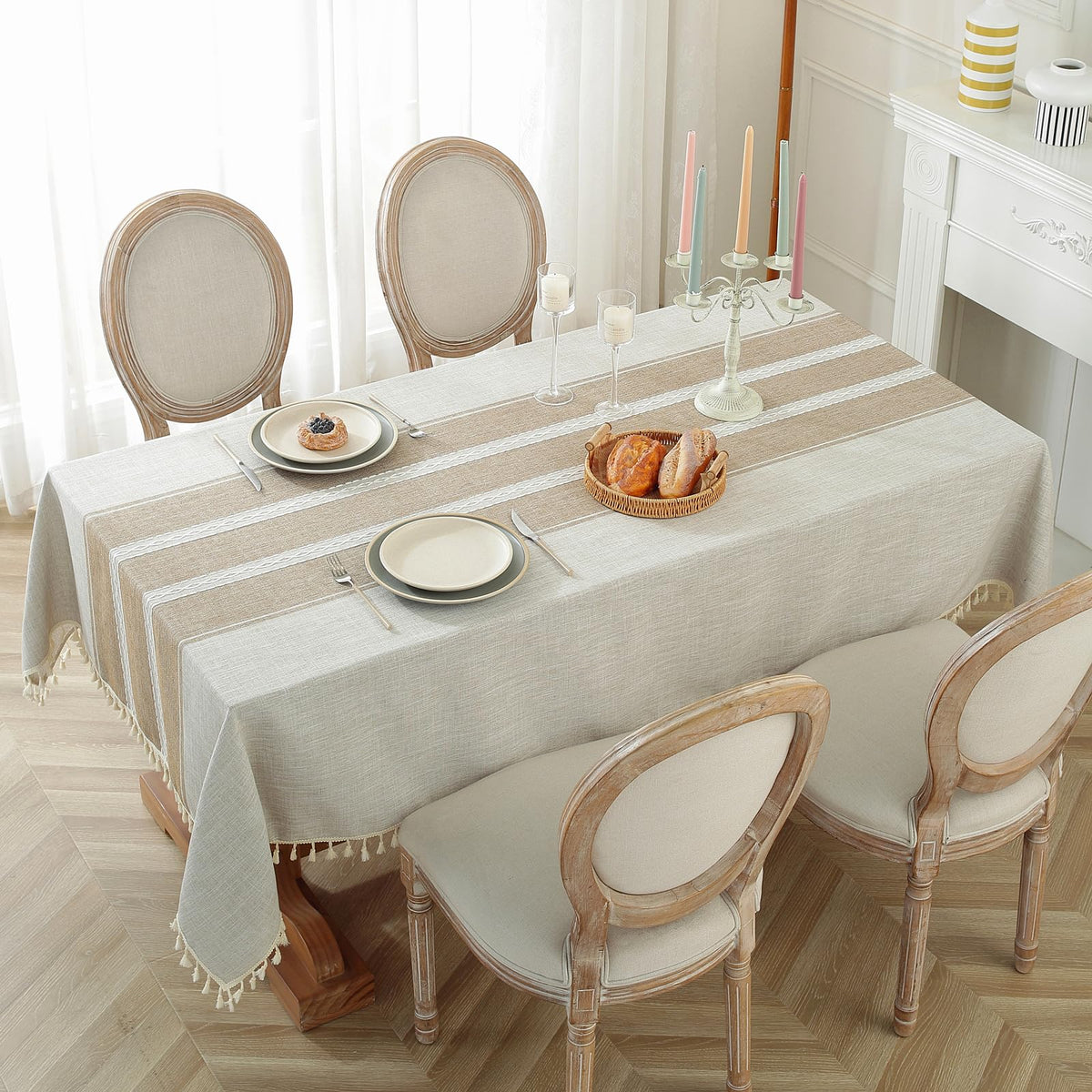 Laolitou Cotton Linen Waterproof Table Cloth for Dining Table Farmhouse Kitchen Rectangle Tablecloth Coffee Wrinkle Free Tables Cover, Beige, Coffee Flower, 55x70 Inch