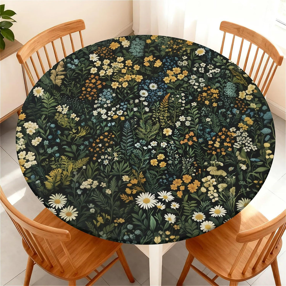 Round Fitted Tablecloth with Elastic Edge, Waterproof Stain Resistant Fabric Table Cover for 45"-48" Round Table, Indoor Outdoor Dining, Kitchen Decor, Camping, Party, Holiday, Black White Marble