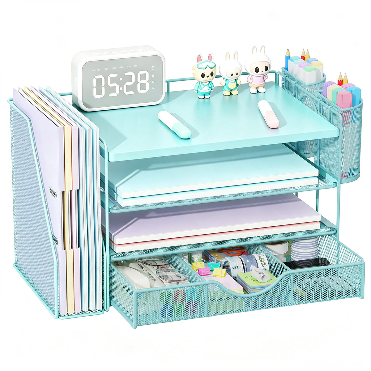 gianotter Wood Desk Organizers and Accessories with File Holder, 4-Tier Desk Accessories & Workspace Organizers with Drawer and 2 Pen Holder, Desk Reference Organizer (Black, 4T with Metal Drawer)