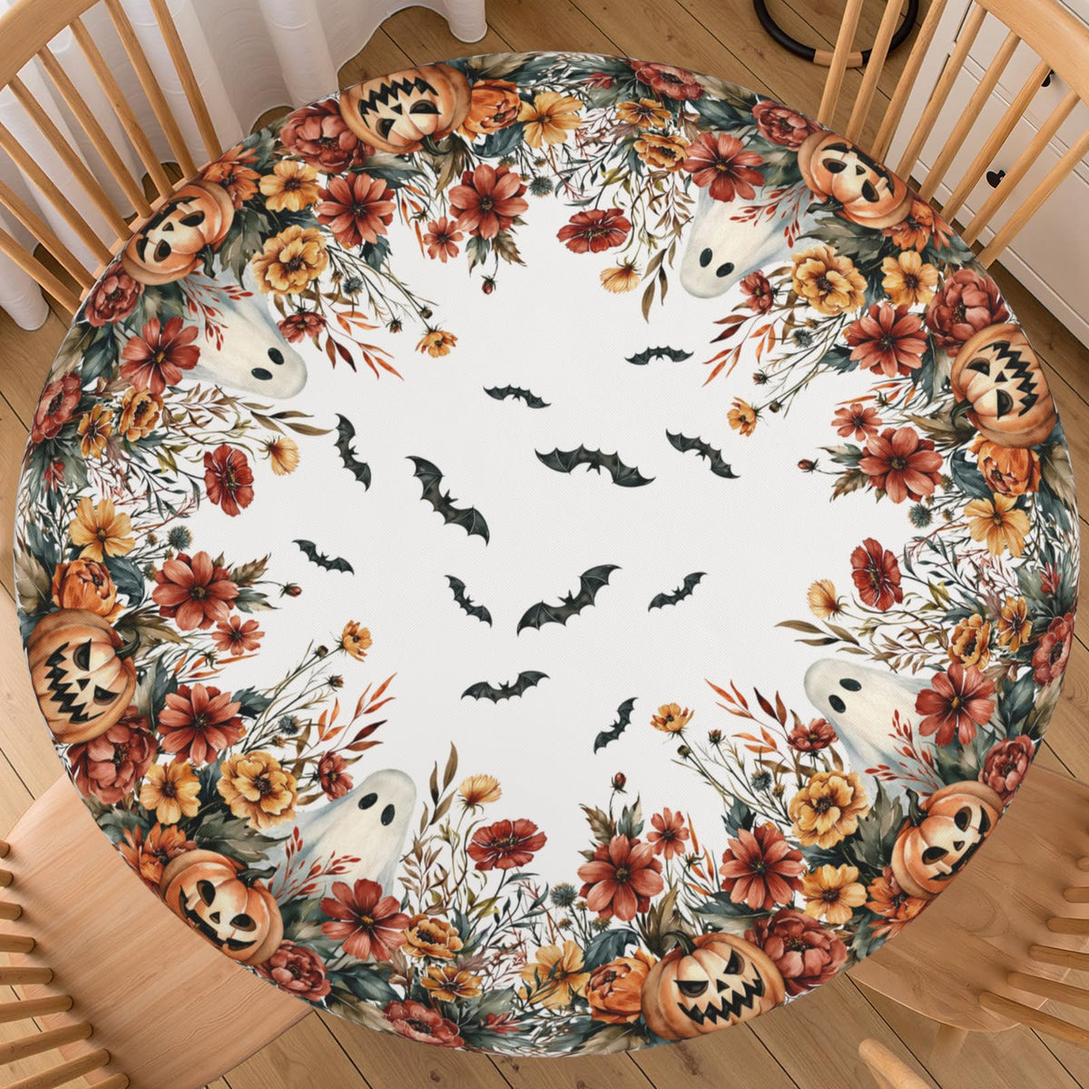 Halloween Polka Dot Round Fitted Tablecloth with Elastic Black Cat Ghost Pumpkin Bat Bowtie Whimsical Table Cloth Decorative Washable Spooky Cute Table Cover Outdoor Kitchen Dining for 44"-48" Table
