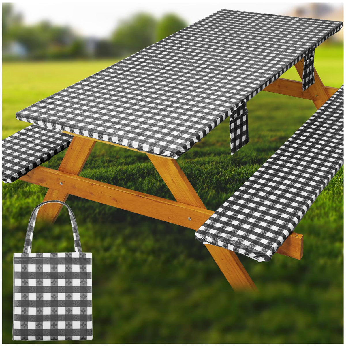 Fitted Picnic Table Cover with Bench Covers Vinyl Waterproof Elastic Edges Fitted Rectangle Tables Patio Tablecloth Camping Gear and Essentials Rv Accessories Road Trip Supplies Car Travel Must Haves