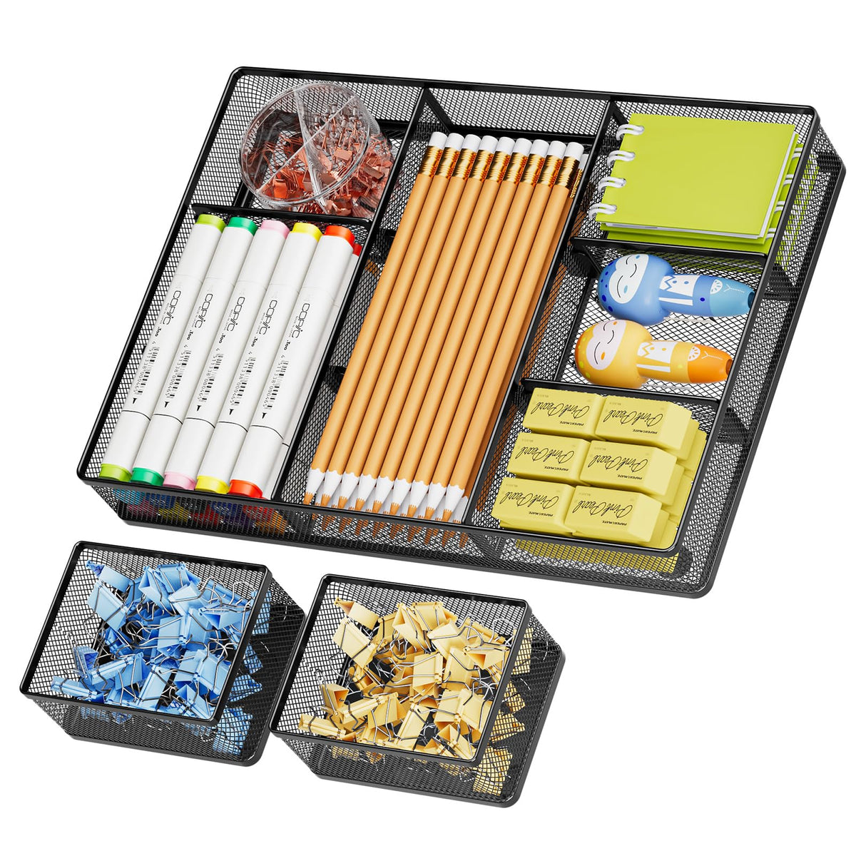 Marbrasse 3 Packs Desk Drawer Organizers, Metal Mesh Dividers Desk Drawer Organizer Tray with 9 Adjustable Compartments, Pen Organizer for Drawer Tray Box Accessories for Desktop,Kitchen, Makeup