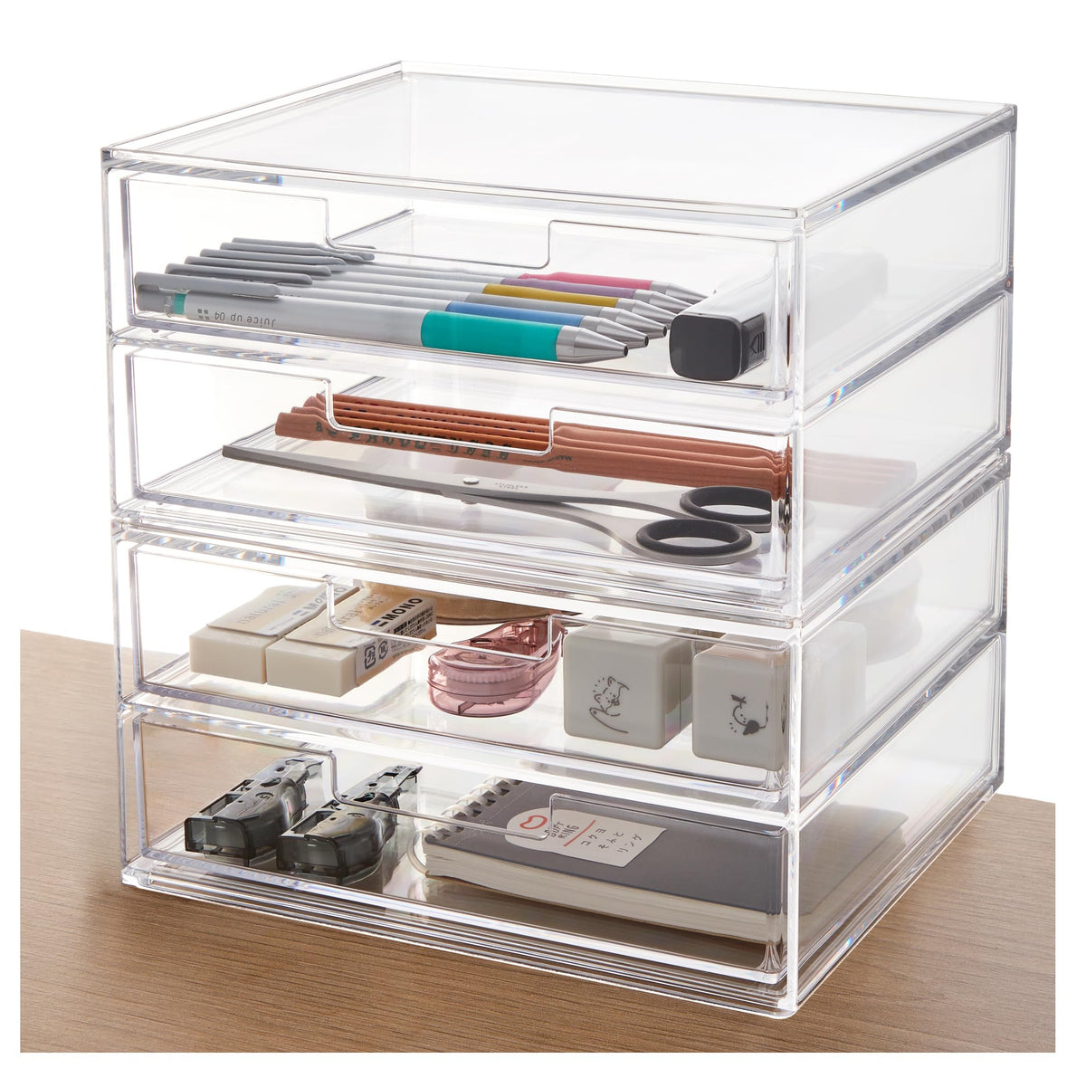 STORi Stackable Desk and Drawer Organizer, Clear, 6 Compartment Organizer with 2 Wide Drawers