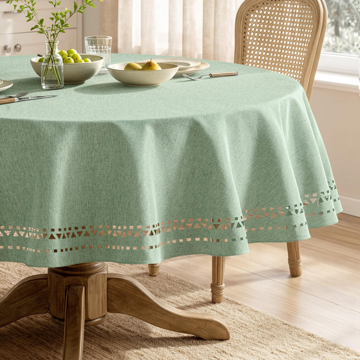 MIULEE 60 Inch Round Tablecloth with Decorative Cutouts Beige