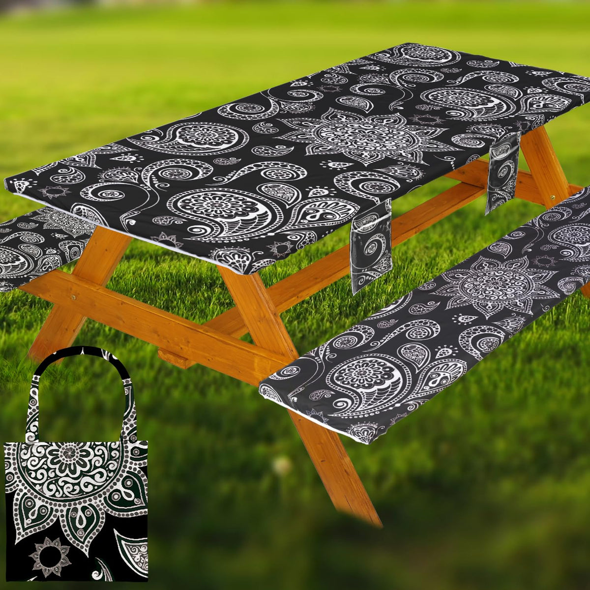 Fitted Picnic Table Cover with Bench Covers Vinyl Waterproof Elastic Edges Fitted Rectangle Tables Patio Tablecloth Camping Gear and Essentials Rv Accessories Road Trip Supplies Car Travel Must Haves