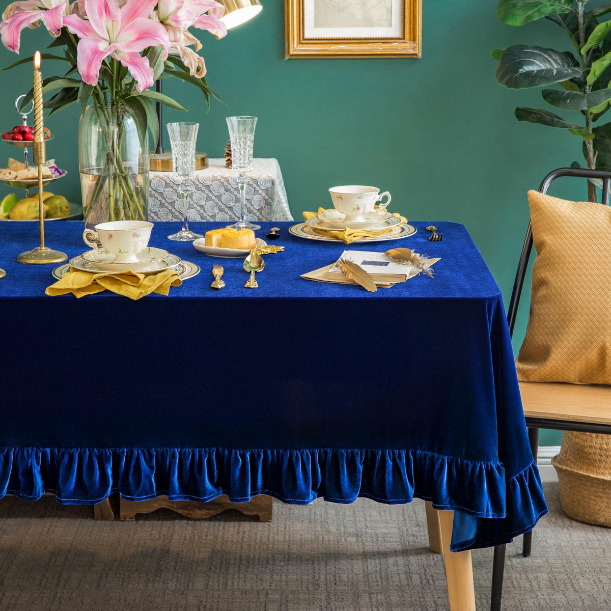 GLORY SEASON Velvet Tablecloth Luxurious Solid Rectangle Table Cloth,Oblong Retro Farmhouse Ruffle Tablecloths Washable Table Cover for Party Olive Green,52x70 Inches