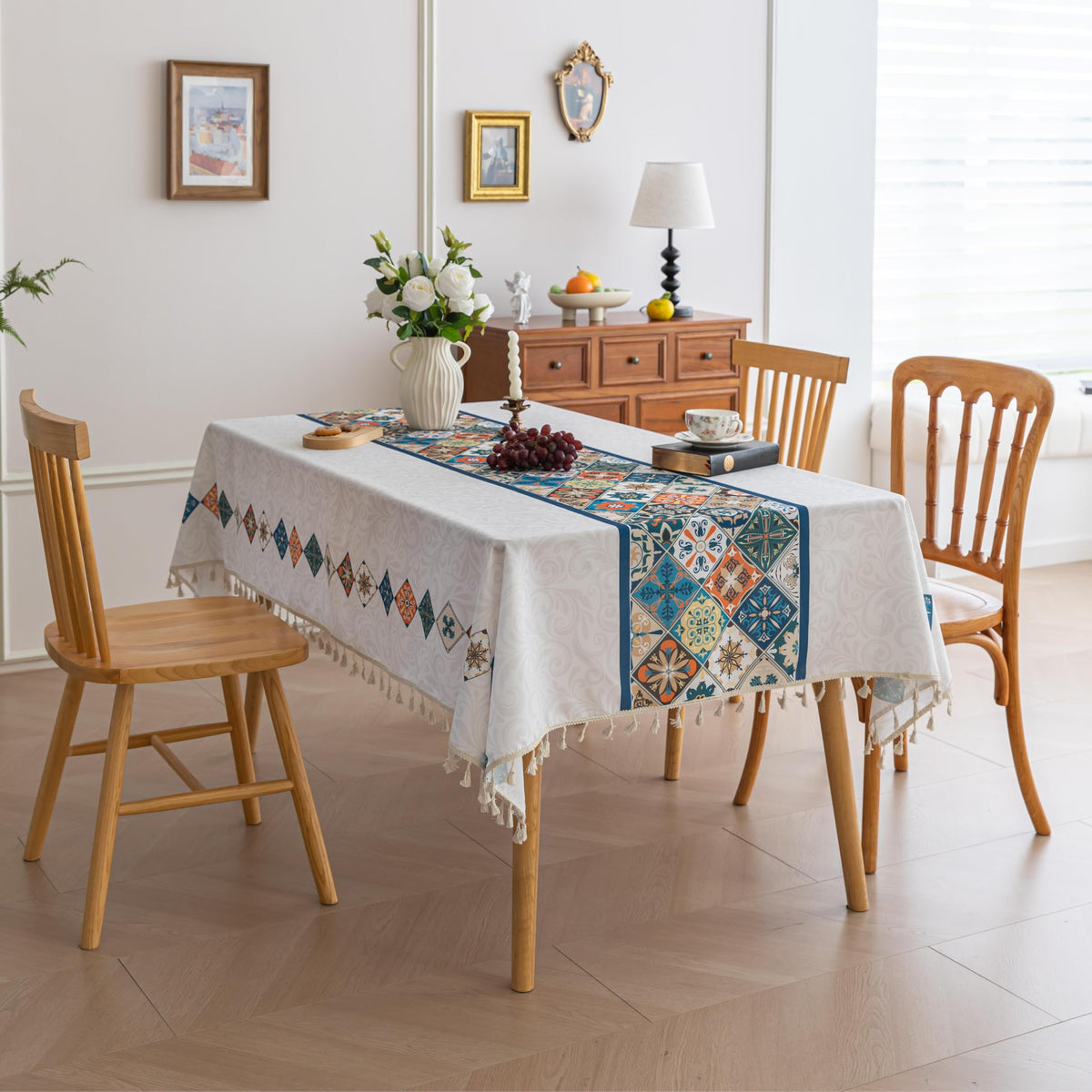 Boho Tablecloth for Square Tables,Fringed Edges with Geometric Pattern Tablecloths,Farmhouse Floral Table Cover Cloth Decorative for Kitchen Dining Room,59"x 59"