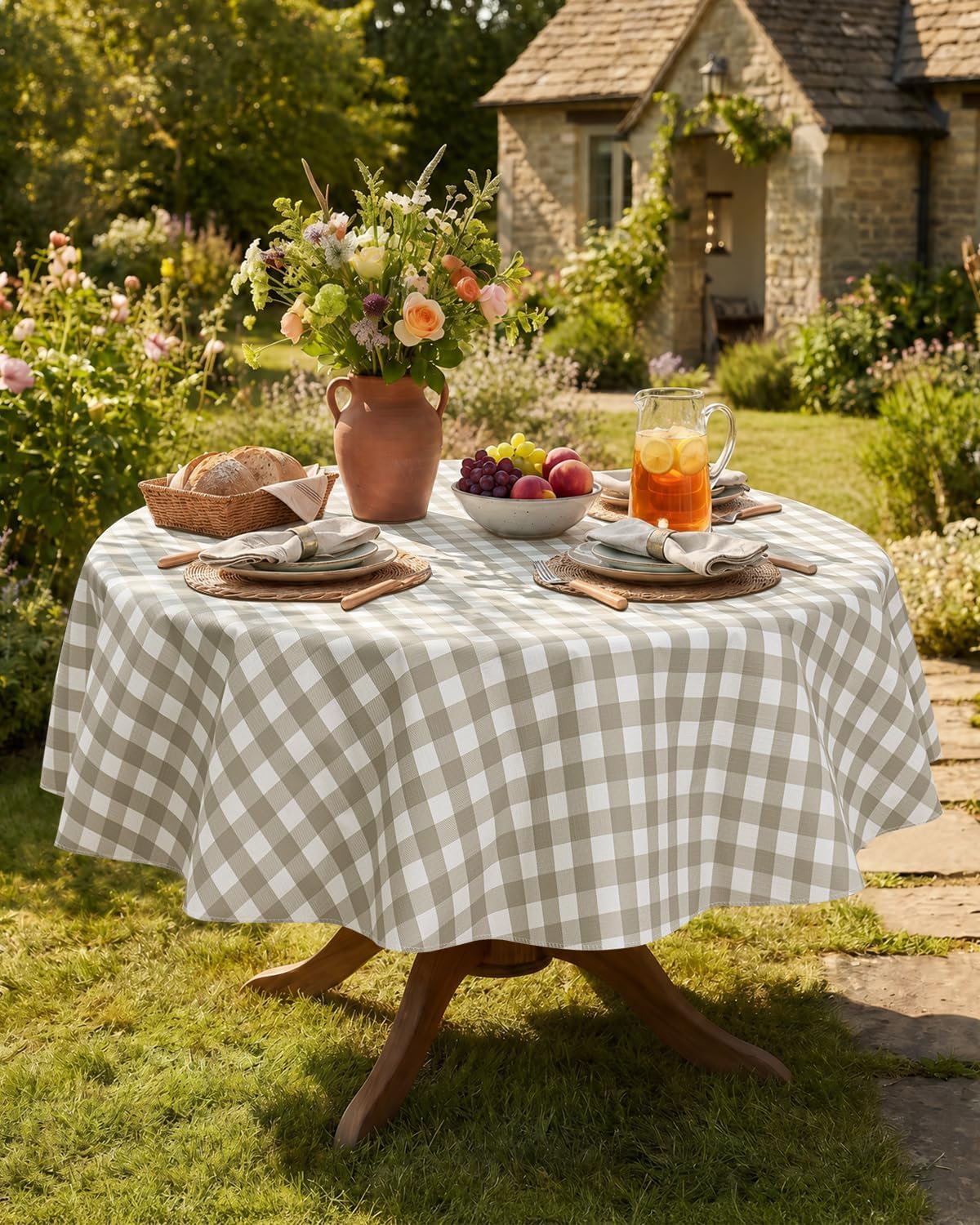 Seenus Khaki Gingham Cottage Vinyl Round Tablecloth with Flannel Backing, Waterproof Checkered Table Cloth Wipeable for Farmhouse Kitchen Patio Garden, 60 Inch Circular (Fits 30-48" Tables)