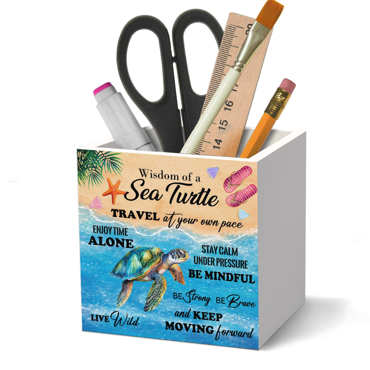 Coastal Beach Sea Turtle Pen Holder Organizer for Desk Accessories