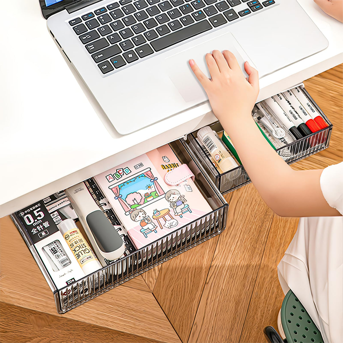 TooCust 2 Pack Under Desk Storage Drawers Slide Out-Drill-On or Self-Adhesive,Large&Medium Drawer Under Desk Organizer Under Table Drawer for Home Office School Organization and Storage