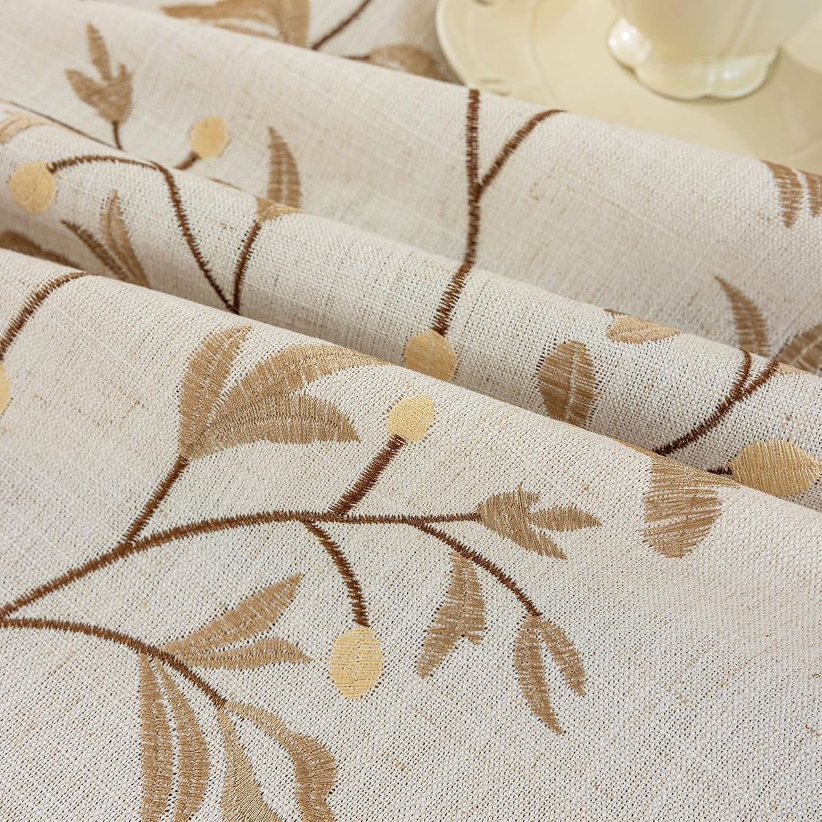 Joyfol Day Rustic Waterproof Linen Tablecloth, Heavy Weight Beige Embroidery Table Cloths for Rectangle Tables, Burlap Farmhouse Table Covers (Coffee Leaves, 55''x 70'')