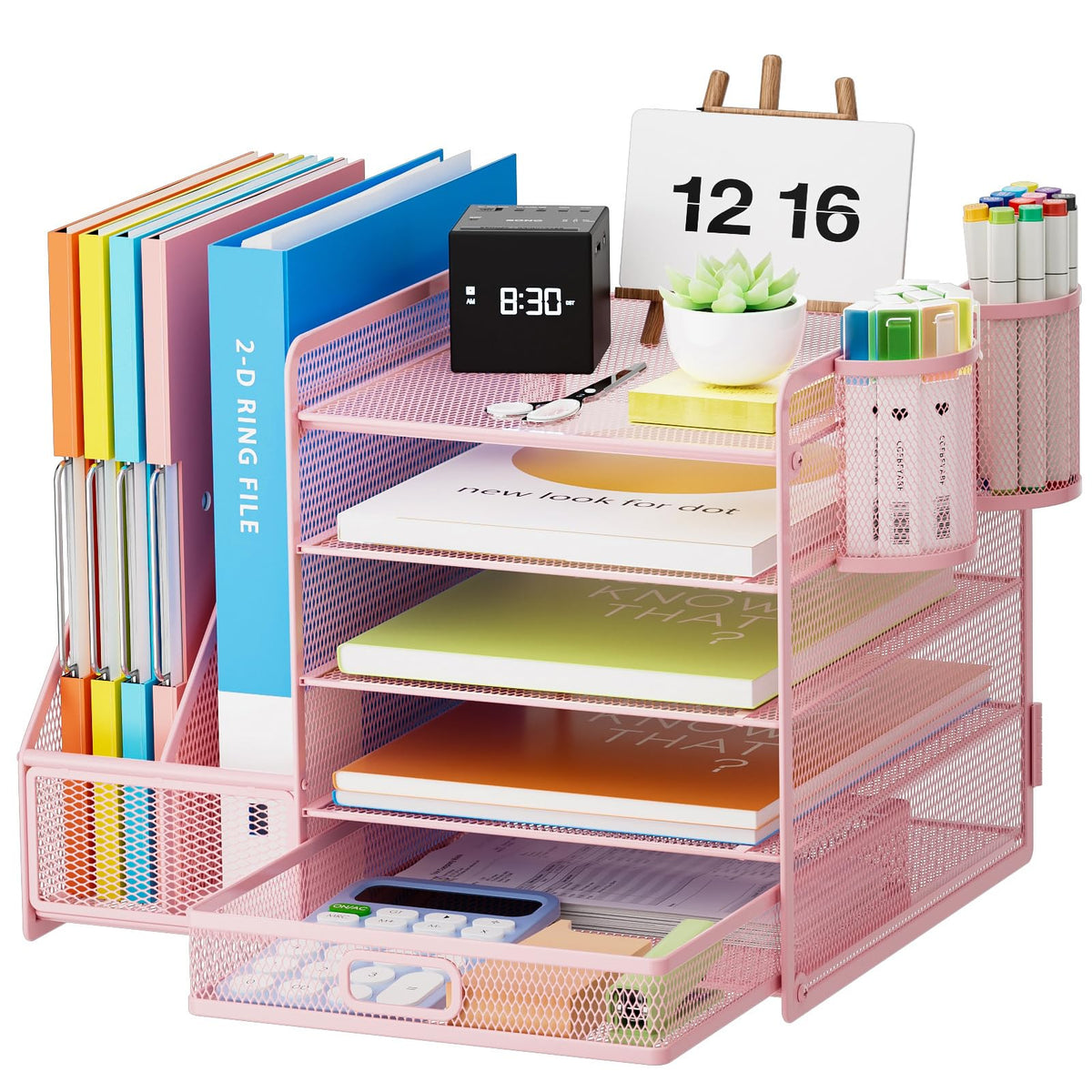 Marbrasse Desk Organizer with File Holder, 5-Tier Paper Letter Tray Organizer with Drawer and 2 Pen Holder, Mesh Desktop Organizer and Storage with Magazine Holder for Office Supplies(Black)