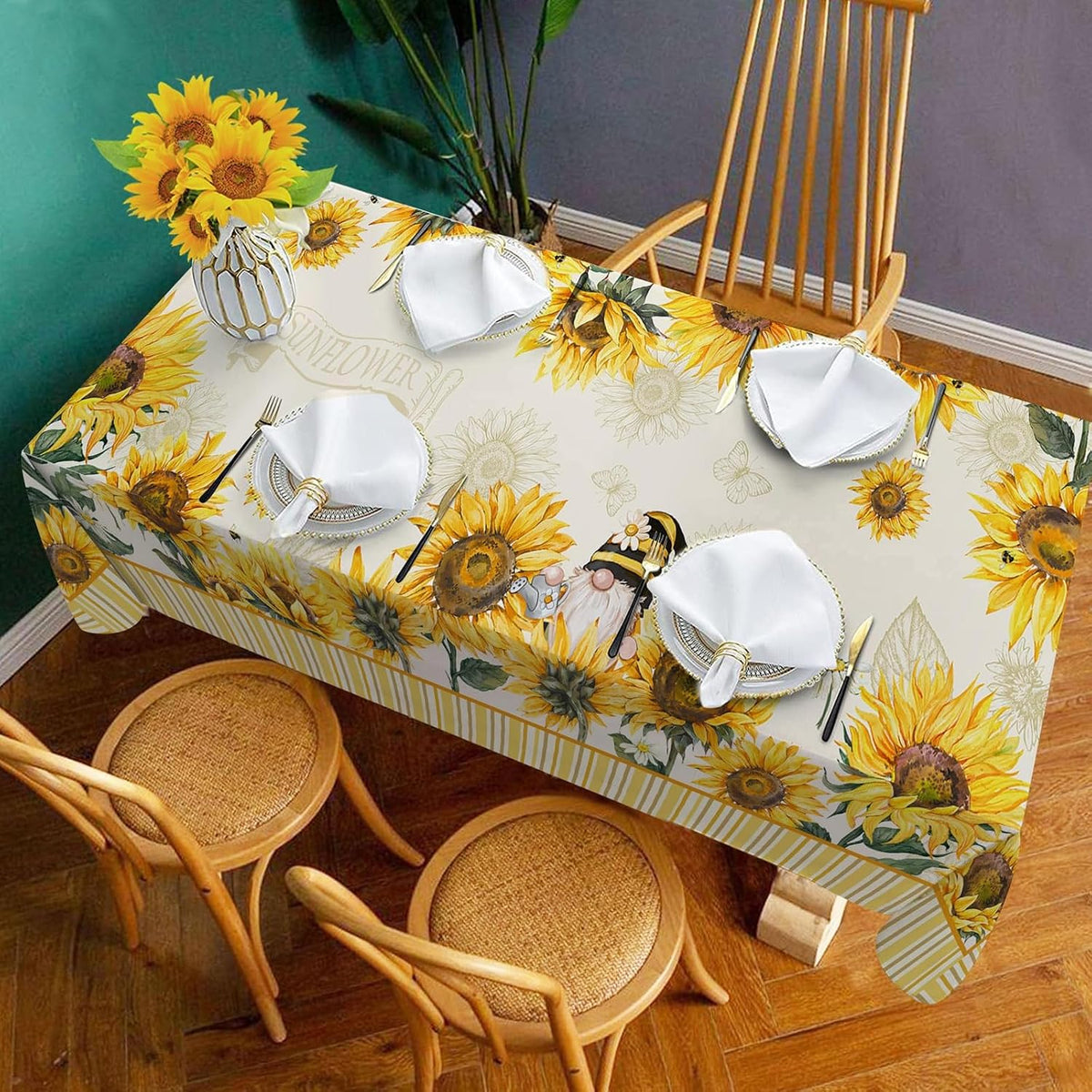 Hexagram Summer Tablecloth 60x84 Inch Rectangle, Sunflower Tablecloths