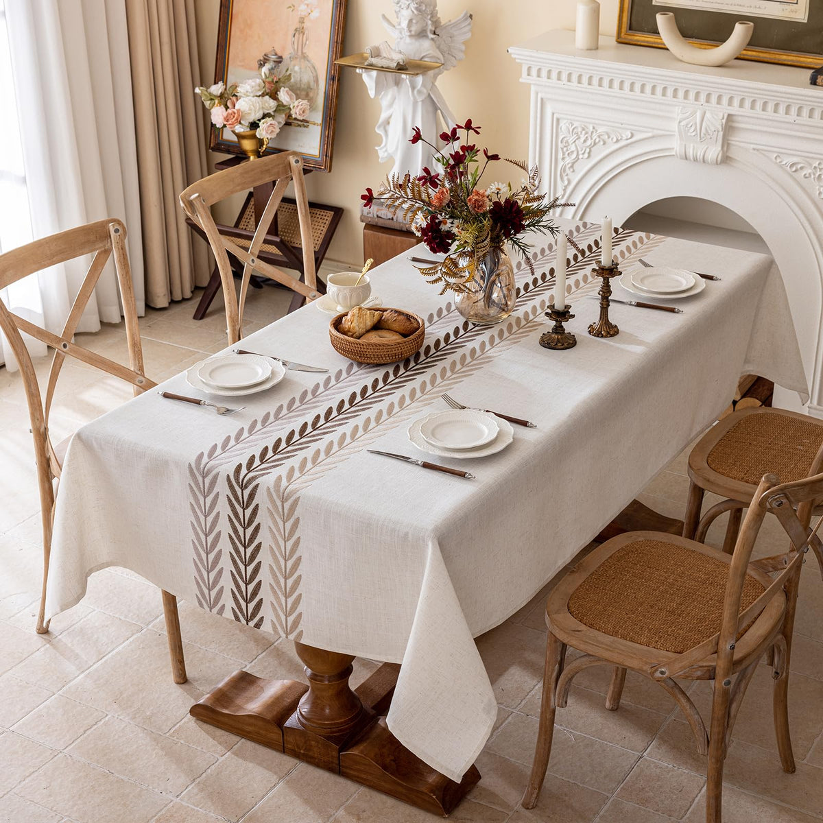 Joyfol Day Rustic Waterproof Linen Tablecloth, Heavy Weight Beige Embroidery Table Cloths for Rectangle Tables, Burlap Farmhouse Table Covers (Coffee Leaves, 55''x 70'')