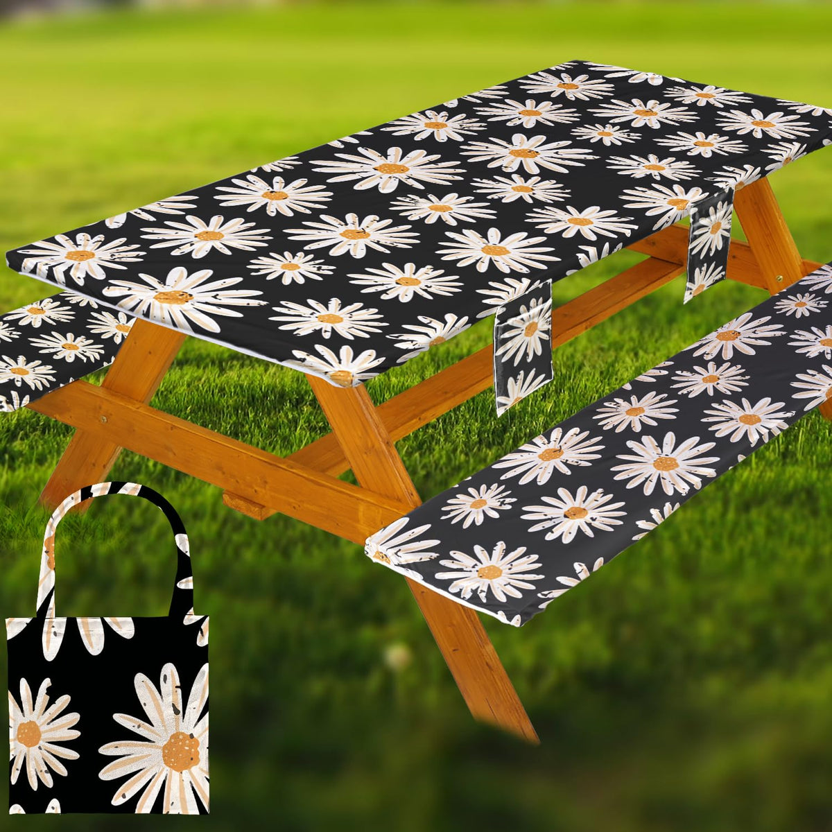 Fitted Picnic Table Cover with Bench Covers Vinyl Waterproof Elastic Edges Fitted Rectangle Tables Patio Tablecloth Camping Gear and Essentials Rv Accessories Road Trip Supplies Car Travel Must Haves