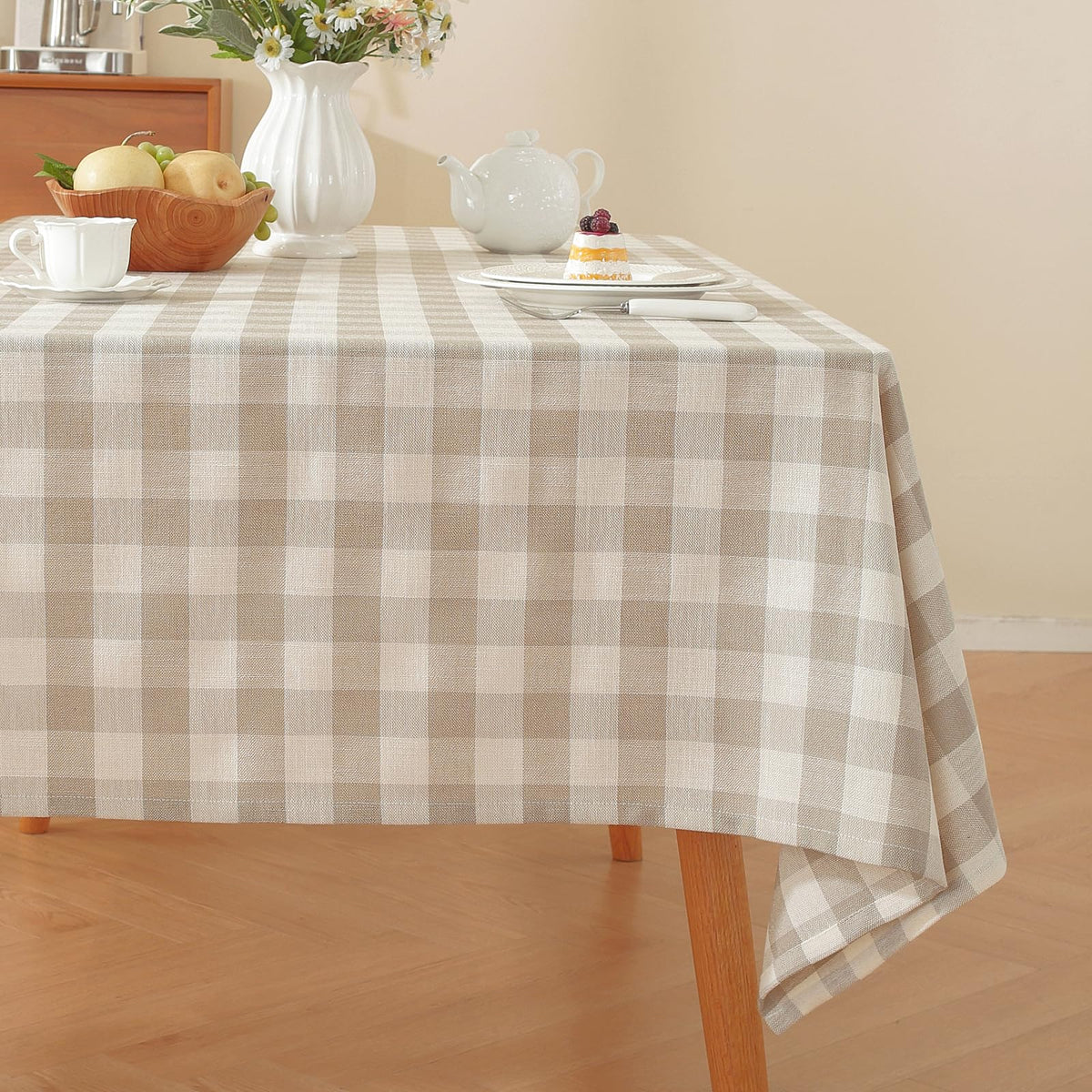 Alsoo Checkered Tablecloth Rectangle Washable Buffalo Plaid Table Cloth Cotton Linen Gingham Table Cover for Picnic Kitchen Dining Room, Beige and White, 60 * 75