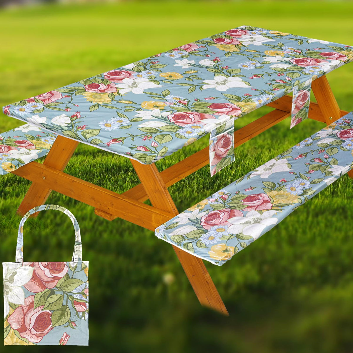 Fitted Picnic Table Cover with Bench Covers Vinyl Waterproof Elastic Edges Fitted Rectangle Tables Patio Tablecloth Camping Gear and Essentials Rv Accessories Road Trip Supplies Car Travel Must Haves