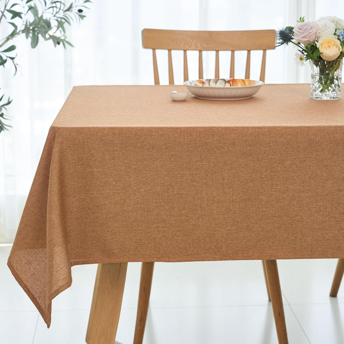 maxmill Rectangle Linen Textured Tablecloth Waterproof Spillproof Wrinkle Free Washable Fabric Table Cloth Kitchen Dining Tabletop Decoration Table Cover for Holiday Dinner Party, 52 x 70 Inch, Linen