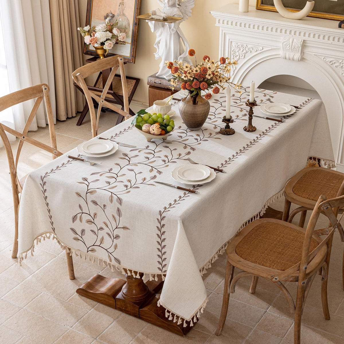 Joyfol Day Rustic Waterproof Linen Tablecloth, Heavy Weight Fern Embroidery Table Cloths for Rectangle Tables, Farmhouse Spill-Proof Table Covers with Tassels, Blue 55''x 70''