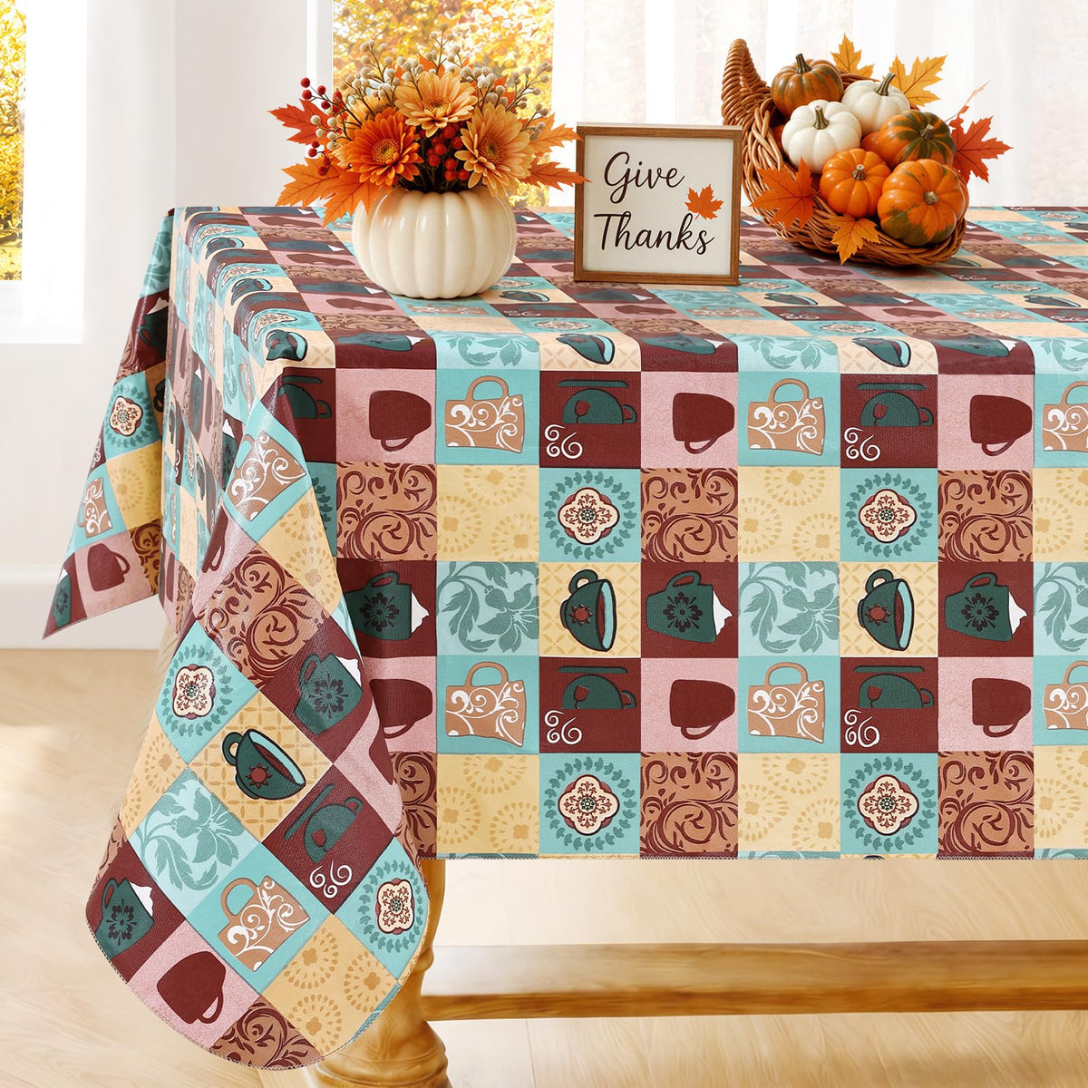 Smiry Rectangle Table Cloth, Waterproof Vinyl Tablecloths with Flannel Backing, Wipeable Spillproof Plastic Wood Grain Table Cover for Dining, Indoor and Outdoor (Beige, 60 "x 84")