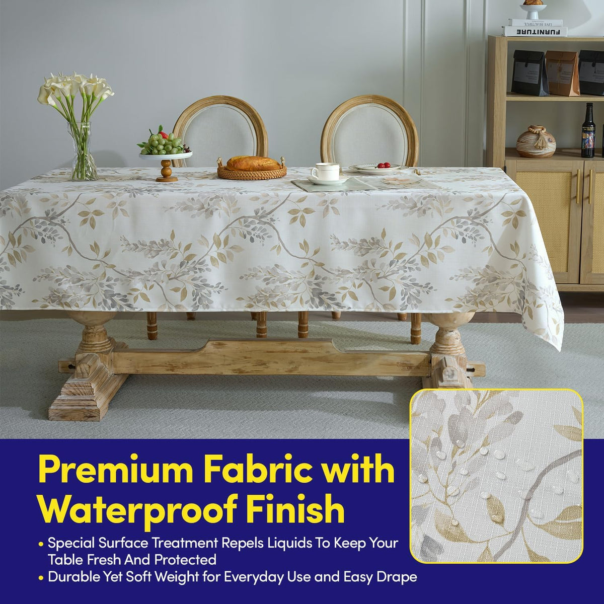 Rectangle Tablecloth 52" x 70" 100% Waterproof Fabric — Wipe-Clean, Tear-Proof Decorative Table Cover for Indoor & Outdoor Dining Elegant Patterns for Kitchens, Dining Rooms, Wynona