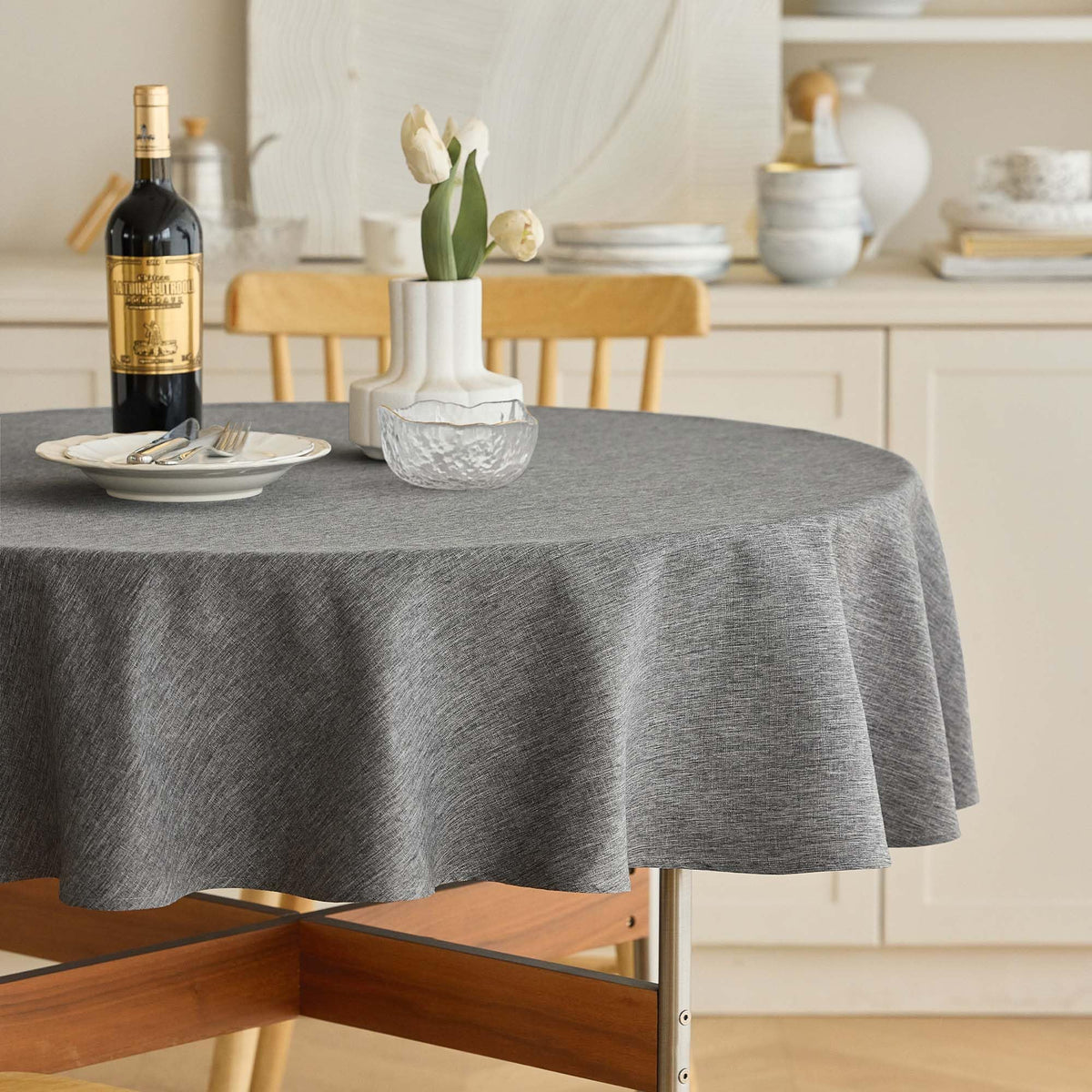 Decorelia Waterproof Round Tablecloth for Round Dining Table, Decorative Rustic Soft Wipeable Table Cloths Cover Indoor Outdoor Use for Holiday,Wedding, Kitchen (70 Inch,Round (4-6 Seats),Beige)