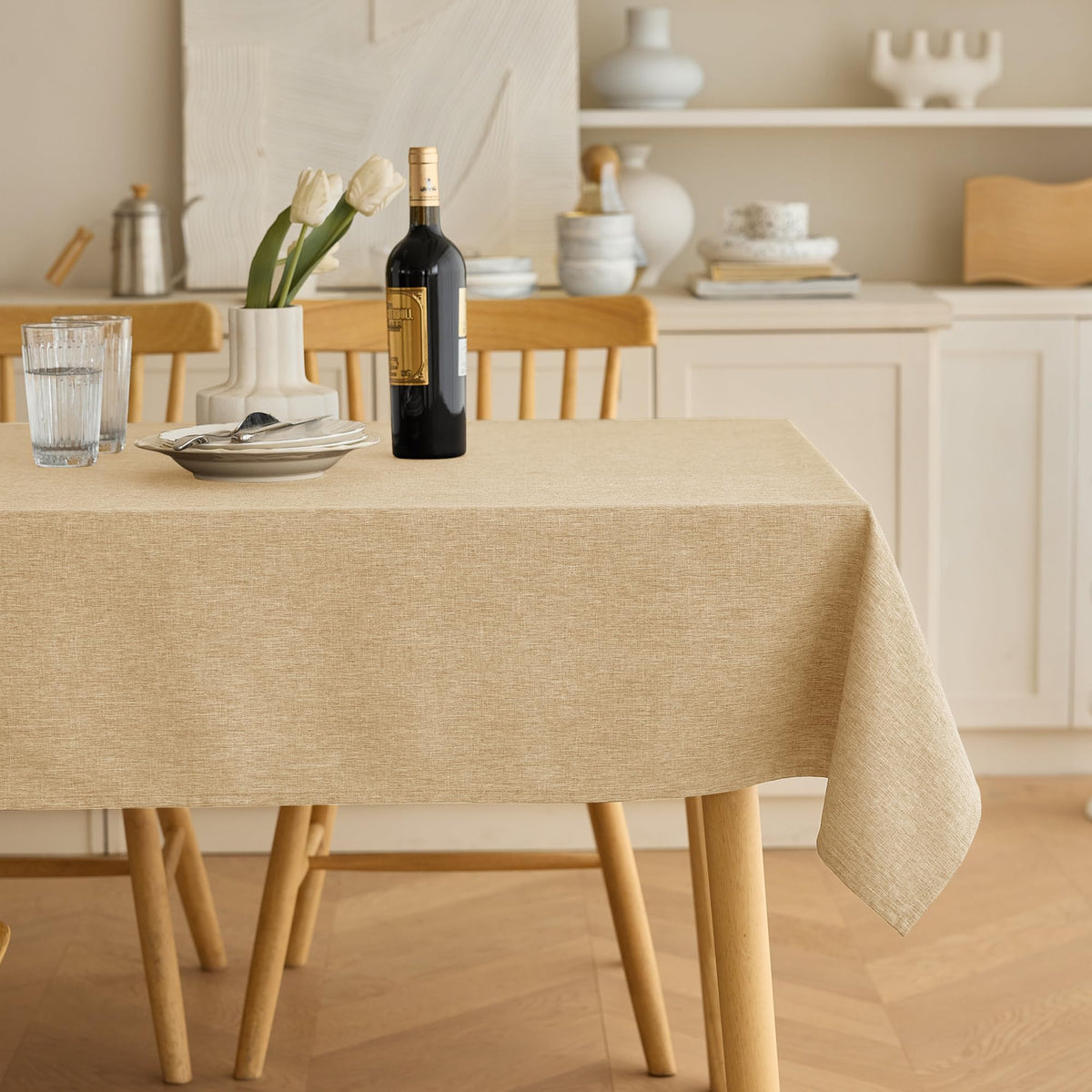 Decorelia Waterproof Round Tablecloth for Round Dining Table, Decorative Rustic Soft Wipeable Table Cloths Cover Indoor Outdoor Use for Holiday,Wedding, Kitchen (70 Inch,Round (4-6 Seats),Beige)