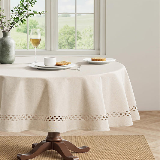 MIULEE Beige 60 Inch Round Linen Tablecloth with Decorative Cutouts