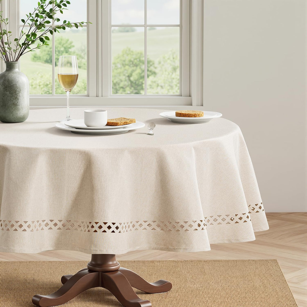 MIULEE Beige 60 Inch Round Linen Tablecloth with Decorative Cutouts