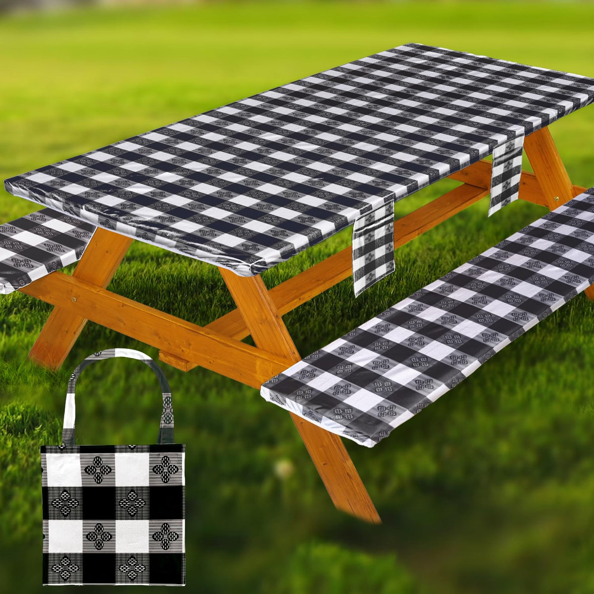 Fitted Picnic Table Cover with Bench Covers Vinyl Waterproof Elastic Edges Fitted Rectangle Tables Patio Tablecloth Camping Gear and Essentials Rv Accessories Road Trip Supplies Car Travel Must Haves