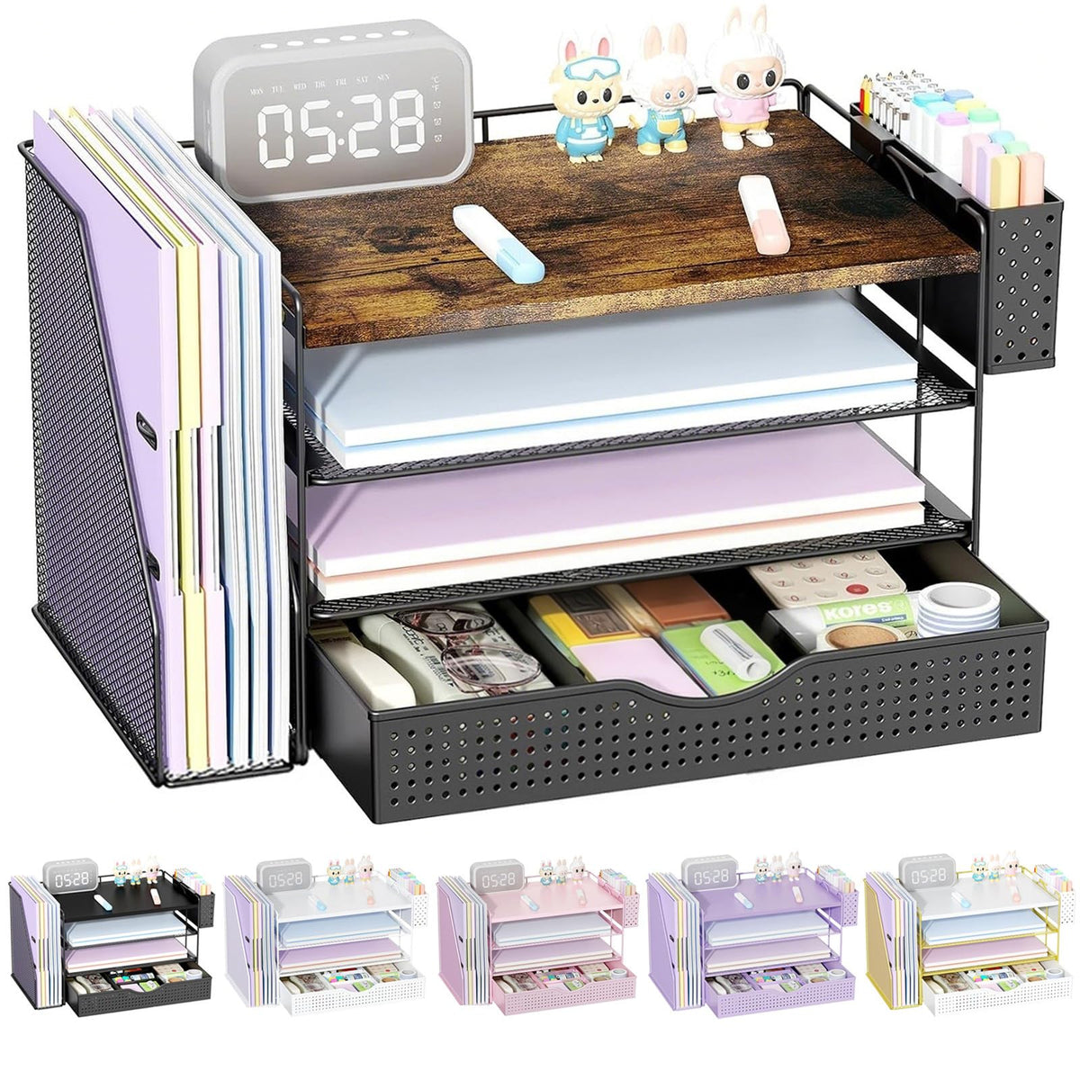 gianotter Wood Desk Organizers and Accessories with File Holder, 4-Tier Desk Accessories & Workspace Organizers with Drawer and 2 Pen Holder, Desk Reference Organizer (Black, 4T with Metal Drawer)