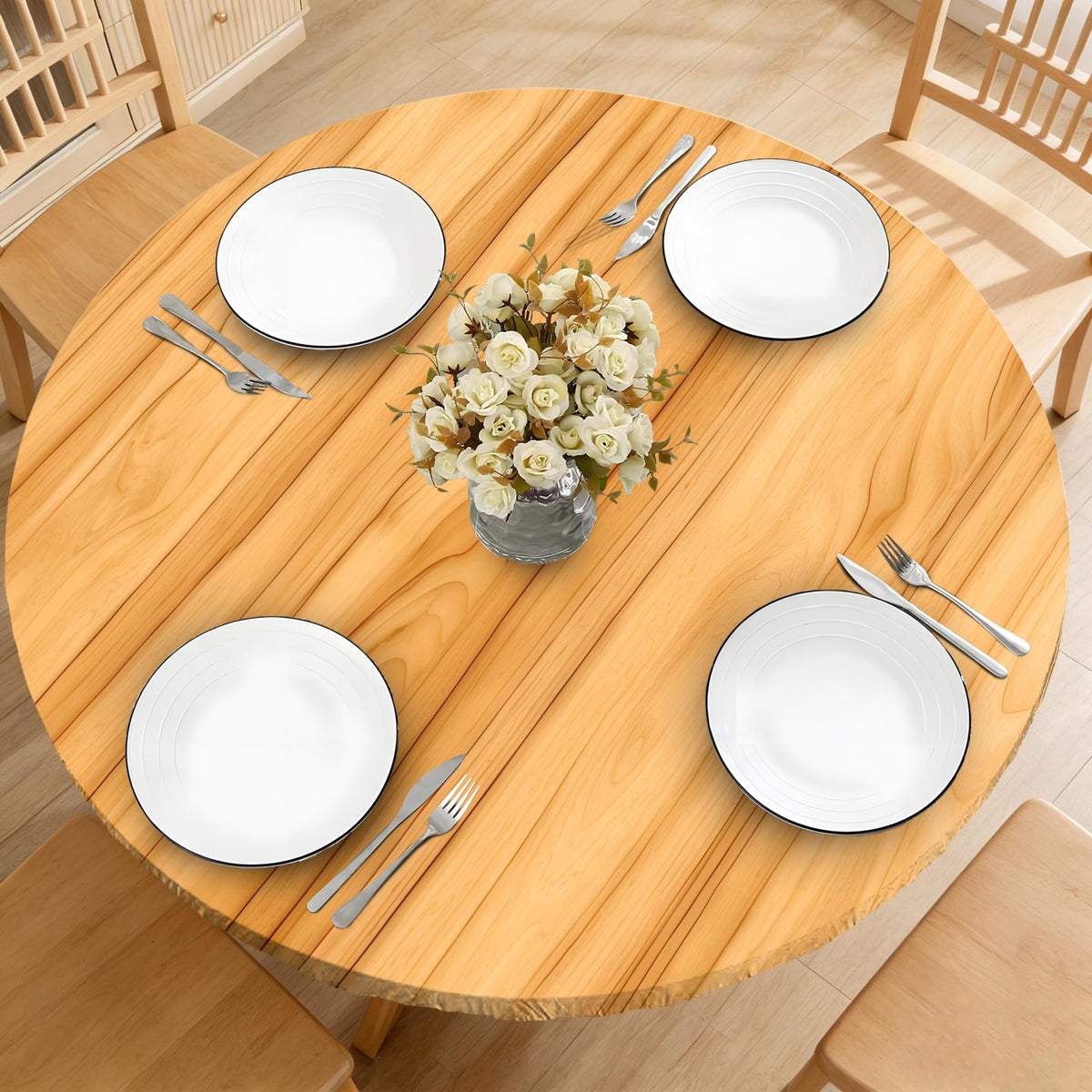 Wood Grain 48 Inch Round Fitted Cloth Tablecloth with Elastic Edged, Waterproof Oil Proof Wipeable Table Cover for Indoor Outdoor Patio Table, Fits Round Tables Up to 46" - 50" Diameter