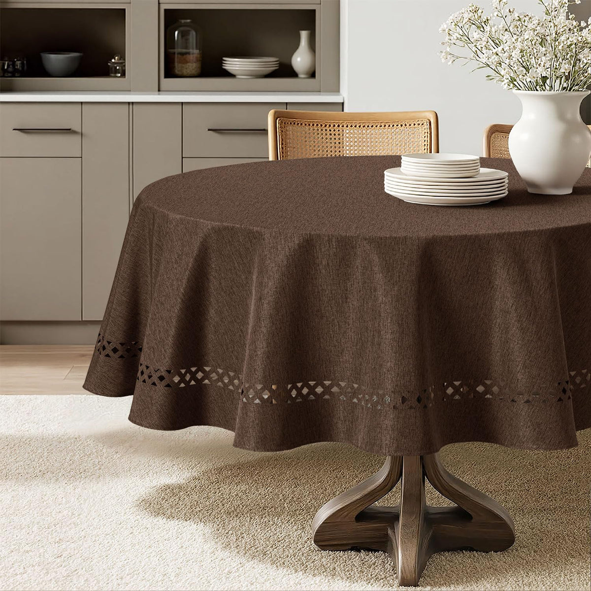 MIULEE Beige 60 Inch Round Linen Tablecloth with Decorative Cutouts
