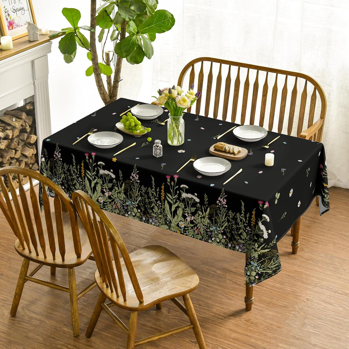 Horaldaily Spring Tablecloth 60 x 84 Inch Rectangular Black Wild Flower