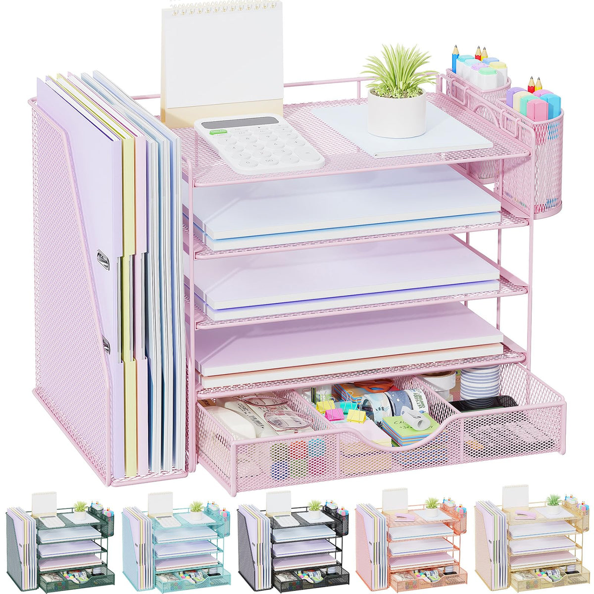 gianotter Desk Organizers and Accessories with File Holder, 4-Tier Desk Accessories & Workspace Organizers with Drawer and 2 Pen Holder, Paper Organizer for Office Supplies(Gold)