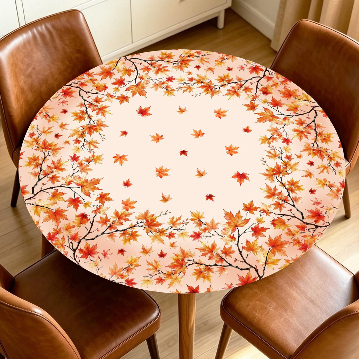Fall Round Fitted Tablecloth with Elastic Edge Orange Blue White Thanksgiving Pumpkin Table Cover 40-44 Inch Autumn Leaf Washable Table Cloth for Kitchen Dining Room Party Decor