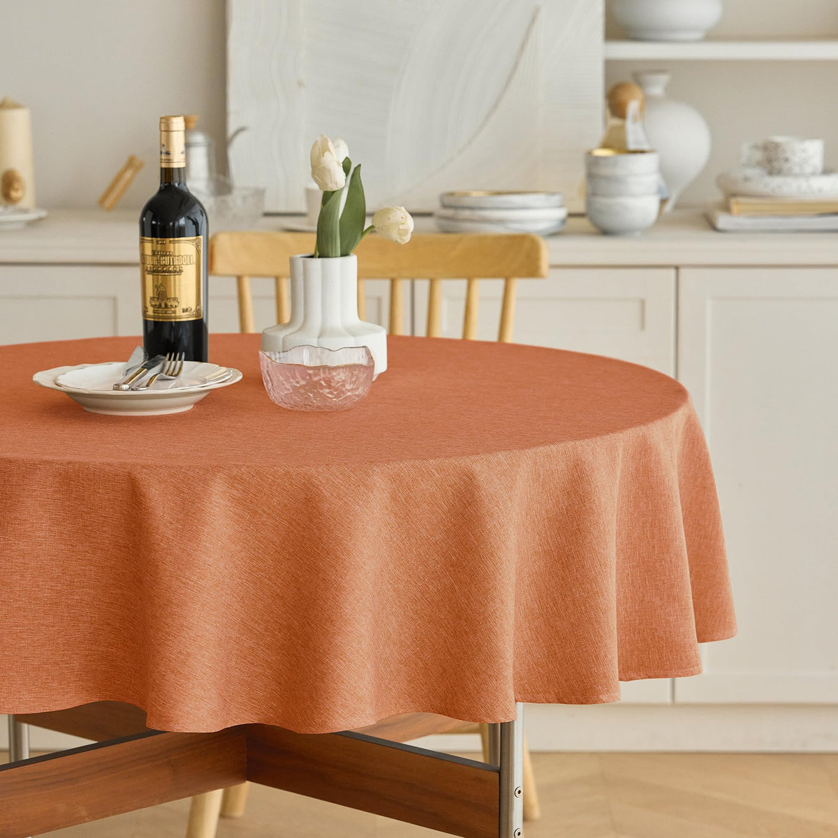 Decorelia Waterproof Round Tablecloth for Round Dining Table, Decorative Rustic Soft Wipeable Table Cloths Cover Indoor Outdoor Use for Holiday,Wedding, Kitchen (70 Inch,Round (4-6 Seats),Beige)