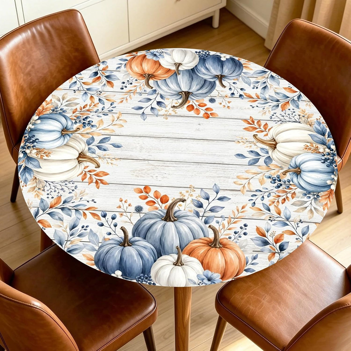 Fall Round Fitted Tablecloth with Elastic Edge Orange Blue White Thanksgiving Pumpkin Table Cover 40-44 Inch Autumn Leaf Washable Table Cloth for Kitchen Dining Room Party Decor