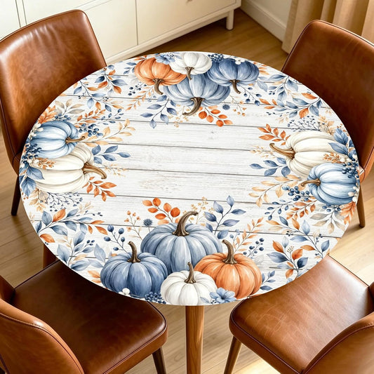Fall Round Fitted Tablecloth with Elastic Edge Orange Blue White Thanksgiving Pumpkin Table Cover 40-44 Inch Autumn Leaf Washable Table Cloth for Kitchen Dining Room Party Decor