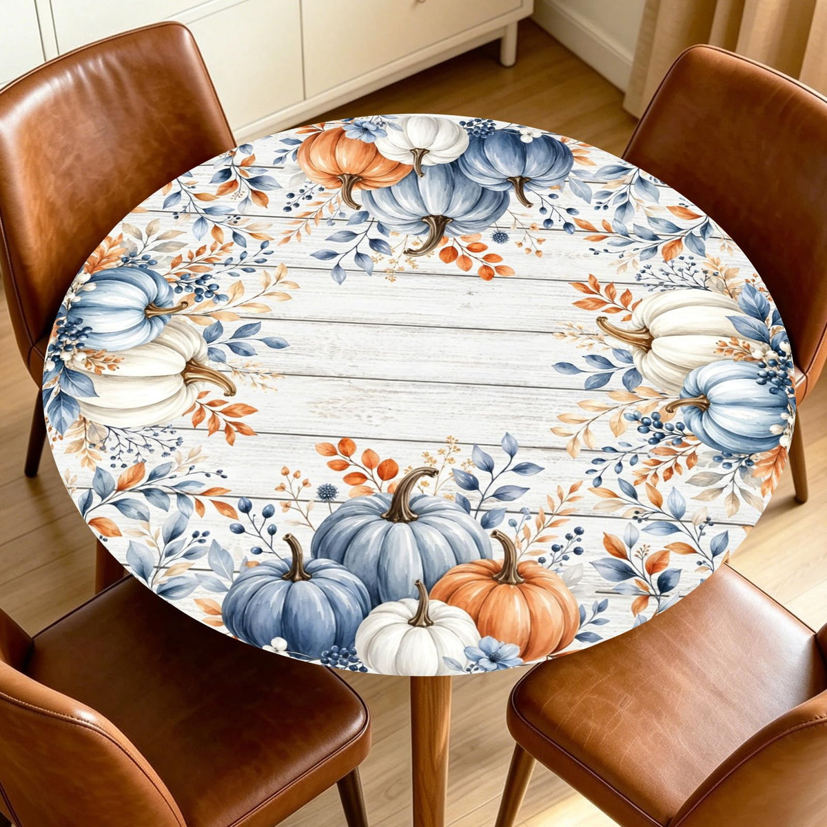 Fall Round Fitted Tablecloth with Elastic Edge Orange Blue White Thanksgiving Pumpkin Table Cover 40-44 Inch Autumn Leaf Washable Table Cloth for Kitchen Dining Room Party Decor