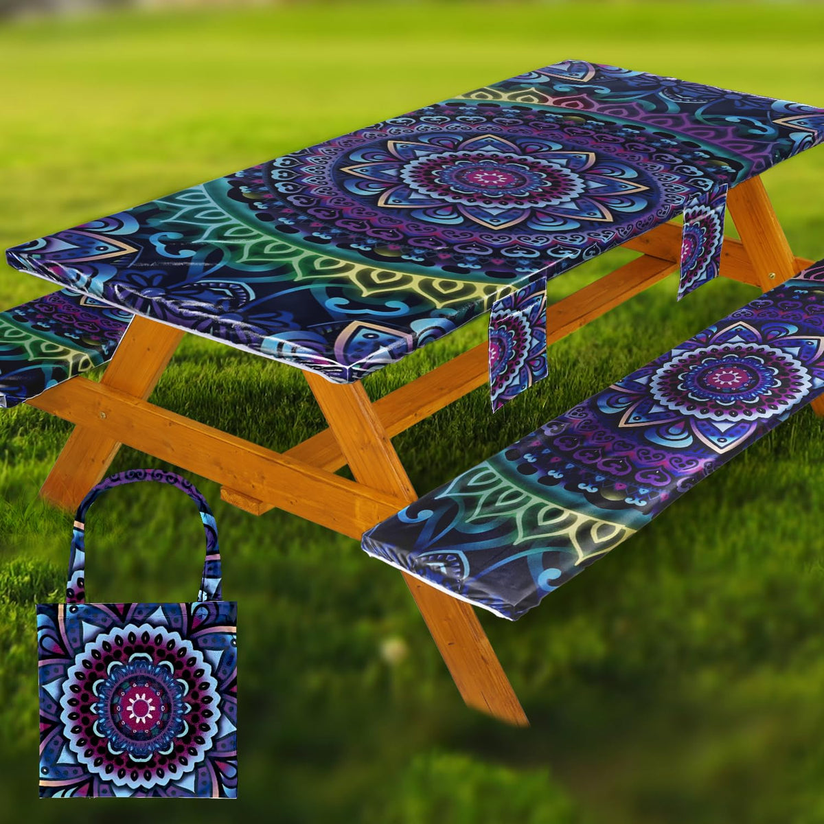 Fitted Picnic Table Cover with Bench Covers Vinyl Waterproof Elastic Edges Fitted Rectangle Tables Patio Tablecloth Camping Gear and Essentials Rv Accessories Road Trip Supplies Car Travel Must Haves